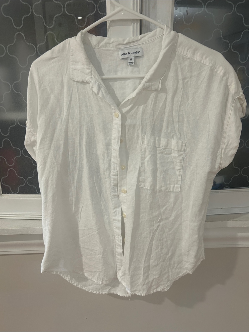 White Linen-Blend Button Front Top